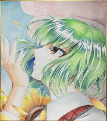 Rule 34 | 1girl, 283win, absurdres, commentary request, flower, from side, green hair, highres, kazami yuuka, photo (medium), red eyes, shikishi, short hair, solo, sunflower, touhou, traditional media, umbrella, upper body