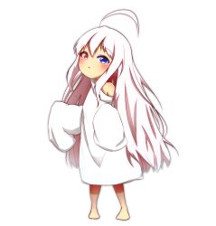 Rule 34 | 1girl, absurdres, ahoge, bare shoulders, barefoot, blue eyes, blush, commentary request, full body, hair between eyes, heterochromia, highres, idaten93, long hair, long sleeves, looking at viewer, off shoulder, original, oversized clothes, oversized shirt, parted lips, red eyes, ruua (idaten93), shirt, simple background, sleeves past fingers, sleeves past wrists, solo, standing, very long hair, white background, white hair, white shirt