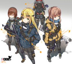 Rule 34 | 4girls, arrow (projectile), assault rifle, backpack, bad id, bad pixiv id, bag, bandaid, bandaid on face, blonde hair, blue eyes, bow (weapon), brown hair, character name, compound bow, english text, goggles, green eyes, gun, h&amp;k hk416, h&amp;k mp7, h&amp;k ump, hair ornament, hairclip, handgun, heckler &amp; koch, highres, holding, holding gun, holding weapon, jacket, jewelry, knee pads, long hair, machine pistol, multiple girls, necklace, orange eyes, original, personal defense weapon, pouch, revolver, rifle, russian text, scarf, submachine gun, suppressor, weapon, yakumo ling