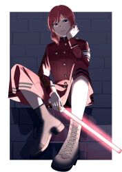 Rule 34 | 1girl, absurdres, armband, black footwear, boots, border, commentary, commentary request, dress, glowstick, highres, holding glowstick, long sleeves, looking at viewer, love live!, love live! school idol project, nishikino maki, outside border, parted lips, penlight (glowstick), purple eyes, red dress, red hair, ryouran! victory road (love live!), s sho mkrn, short hair, sidelocks, sitting, solo, white armband, white border