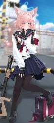 Rule 34 | 1girl, absurdres, animal ear fluff, animal ears, black footwear, black gloves, black sailor collar, black skirt, black thighhighs, blue archive, blue eyes, blue halo, blurry, blurry background, blush, closed mouth, day, fingerless gloves, fox ears, fte (fifteen 199), gloves, gun, halo, highres, long sleeves, looking at viewer, neckerchief, niko (blue archive), outdoors, pink hair, pleated skirt, red neckerchief, sailor collar, school uniform, serafuku, shoes, short hair, skirt, smile, solo, standing, standing on one leg, thighhighs, weapon