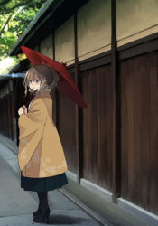 Rule 34 | 1girl, annin musou, bad id, bad pixiv id, black hakama, blue eyes, boots, bow, commentary request, drill hair, hair between eyes, hair bow, hakama, hakama skirt, hatakaze (kancolle), highres, holding, holding umbrella, japanese clothes, kantai collection, kimono, light brown hair, long sleeves, looking at viewer, meiji schoolgirl uniform, open mouth, red bow, red umbrella, short hair, skirt, solo, umbrella, wide sleeves, yellow kimono