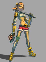 Rule 34 | 1girl, absurdres, artist name, brown eyes, brown hair, earrings, full body, grey background, hair ornament, highres, holding, holding skull, holding wrench, horns, jewelry, koutetu yarou, looking at viewer, mechanical arms, midriff, navel, original, prosthesis, prosthetic leg, red shorts, short hair, shorts, simple background, single horn, skull, solo, standing, thighhighs, wrench, yellow footwear