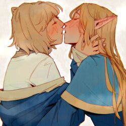 Rule 34 | 2girls, after kiss, blonde hair, blue robe, blush, closed eyes, commentary request, diezmil10000, dungeon meshi, ear blush, elf, falin touden, falin touden (tallman), hands on another&#039;s neck, highres, long hair, marcille donato, medium hair, multiple girls, noses touching, off shoulder, pointy ears, robe, saliva, saliva trail, shirt, spanish commentary, upper body, white background, white shirt, yuri