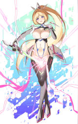 Rule 34 | 1girl, aki rosenthal, black gloves, black thighhighs, blonde hair, blush, breasts, cleavage, covered navel, elbow gloves, electricity, floating hair, gloves, high heels, highres, holding, holding sword, holding weapon, hololive, large breasts, leotard, long hair, looking at viewer, open mouth, ponytail, purple eyes, solo, sword, thigh gap, thighhighs, twin (tt lsh), very long hair, virtual youtuber, weapon, white leotard