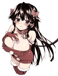 Rule 34 | 1girl, arm behind back, bare shoulders, bdsm, bell, between breasts, blush, bow, breasts, chizuru-chan kaihatsu nikki, cleavage, collar, cowboy shot, cropped legs, dress, elbow gloves, food, fruit, fur trim, gloves, hair bow, hand on own chest, large breasts, leash, long hair, looking at viewer, monochrome, mucha (muchakai), neck bell, original, red gloves, red thighhighs, shiina chizuru, short dress, simple background, slave, solo, strawberry, thighhighs, white background