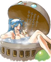 Rule 34 | 1girl, bath, bathing, blue hair, breasts, breath of fire, breath of fire iv, breath of fire v, deis, dr.p, ershin, closed eyes, large breasts, long hair, nude, partially submerged, towel, towel on head