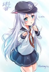 Rule 34 | 10s, 1girl, :o, absurdres, anchor symbol, animal ears, artist name, blue background, blue eyes, blue skirt, blush, cat ears, cat tail, character name, flat cap, hat, hibiki (kancolle), highres, kantai collection, karumayu, kemonomimi mode, long hair, long sleeves, looking at viewer, neckerchief, open mouth, parted lips, paw pose, pleated skirt, sailor collar, school uniform, serafuku, shirt, simple background, skirt, solo, tail, twitter username, very long hair, white hair, white shirt