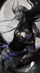 Rule 34 | 1boy, absurdres, arm belt, arm tattoo, artist name, artist request, belt, black hair, blue belt, demon horns, floating hair, full moon, highres, holding, holding sword, holding weapon, horns, inkshadow yone, league of legends, long hair, looking at viewer, mask, moon, muscular, muscular male, official alternate costume, outdoors, solo, standing, sword, tattoo, weapon, yellow eyes, yone (league of legends)