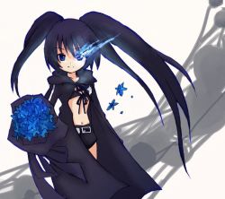 Rule 34 | 10s, 1girl, alternate skin color, bad id, bad pixiv id, belt, bikini, bikini top only, black hair, black rock shooter, black rock shooter (character), blue eyes, bouquet, coat, collarbone, eijima moko, flat chest, flower, glowing, glowing eye, long hair, looking at viewer, navel, petals, ribbon, short shorts, shorts, smile, solo, standing, swimsuit, twintails, uneven twintails, very long hair