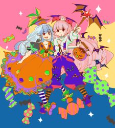 Rule 34 | 2girls, alternate costume, arm around waist, bat (animal), blue hair, bolo tie, bow, breasts, candy, cleavage, collarbone, dress, food, fujiwara no mokou, hair bow, hair ornament, halloween, hat, jack-o&#039;-lantern, kamishirasawa keine, komaku juushoku, long hair, long sleeves, looking at viewer, medium breasts, multicolored background, multiple girls, open mouth, outstretched arm, pants, pantyhose, pink hair, ponytail, puffy short sleeves, puffy sleeves, red eyes, short sleeves, skirt hold, skull and crossbones, skull hair ornament, sparkle, star (symbol), striped clothes, striped legwear, striped pantyhose, suspenders, touhou, triangle mouth, very long hair, wand