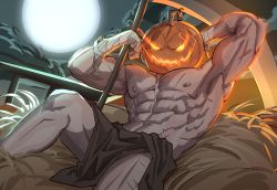 Rule 34 | 1boy, abs, armpits, bad id, bad pixiv id, bara, feet out of frame, flaming eyes, full moon, hay, highres, jack-o&#039;-lantern, large pectorals, loincloth, looking at viewer, male focus, moon, muscular, muscular male, navel, nipples, original, pectorals, pumpkin hat, scar, scar on chest, scythe, sedo (usingincognito), solo, spread legs, stomach, thighs, topless male