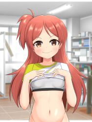 Rule 34 | 1girl, arshinoe, blurry, blurry background, blush, book, book stack, bra, brown eyes, clothes lift, commentary request, grey bra, hands up, highres, idolmaster, idolmaster million live!, indoors, lesson wear (idolmaster million live!), lifted by self, long hair, looking at viewer, navel, ogami tamaki, orange hair, shirt, shirt lift, short sleeves, side ponytail, smile, solo, sports bra, stomach, t-shirt, underwear, upper body, white shirt, window