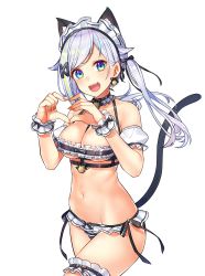 Rule 34 | 1girl, :d, absurdres, animal ears, bare shoulders, bell, bikini, black bikini, black choker, blue eyes, breasts, bridal garter, cat ears, cat girl, cat tail, choker, cleavage, cowboy shot, detached sleeves, earrings, fang, frilled bikini, frills, groin, hair ornament, hair ribbon, hairclip, halterneck, hands up, heart, heart hands, highres, jewelry, jingle bell, kitakubu, kitazume kumie, kitazume kumin, long hair, looking at viewer, maid, maid bikini, maid day, maid headdress, medium breasts, multicolored hair, nail polish, navel, open mouth, ribbon, silver hair, simple background, smile, solo, stomach, streaked hair, swimsuit, tail, tail raised, thighs, twintails, unconventional maid, virtual youtuber, white background, wrist cuffs
