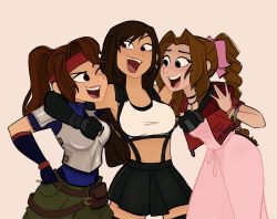 Rule 34 | 3girls, aerith gainsborough, amber leigh, armor, black hair, black skirt, bow, bracelet, braid, braided ponytail, breastplate, brown hair, crop top, cropped jacket, dress, final fantasy, final fantasy vii, final fantasy vii remake, fingerless gloves, flat color, gloves, hair bow, hand on own hip, headband, highres, jacket, jessie rasberry, jewelry, long hair, looking at another, low-tied long hair, midriff, multiple girls, navel, one eye closed, open mouth, pink dress, ponytail, red headband, red jacket, simple background, skirt, smile, stomach, suspender skirt, suspenders, tank top, tifa lockhart, white tank top