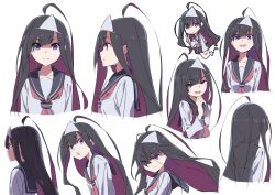 Rule 34 | 1girl, :d, :o, ahoge, black hair, black sailor collar, chibi, closed mouth, expressions, eyes visible through hair, from side, hand up, highres, long hair, long sleeves, looking at viewer, multiple views, neckerchief, one eye closed, open mouth, original, purple eyes, red neckerchief, sailor collar, school uniform, serafuku, smile, smirk, tama (tama-s), triangular headpiece, v-shaped eyebrows