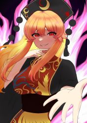 Rule 34 | 1girl, arm up, belt, black background, black belt, black dress, black hat, breasts, chinese clothes, closed mouth, commentary request, crescent, dress, energy, hair between eyes, hands up, hat, highres, junko (touhou), large breasts, long hair, long sleeves, mandarin collar, orange hair, phoenix crown, pom pom (clothes), red eyes, red tabard, sidelocks, simple background, smile, solo, standing, tabard, teeth, toho wotaku, touhou, wide sleeves
