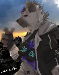 Rule 34 | 1boy, arknights, black eyes, black gloves, canister, city, dated, fang, fingerless gloves, from side, furry, furry male, gloves, highres, hyena boy, looking at viewer, male focus, multicolored hair, open mouth, outdoors, p7ywirzyw8lesuc, solo, spot (arknights), streaked hair