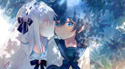 Rule 34 | 1boy, 1girl, black bow, blue bow, blue eyes, blue hair, blue sailor collar, blush, bow, closed eyes, closed mouth, collarbone, commentary request, dress, flower, frilled hairband, frills, hair between eyes, hairband, hetero, highres, kayanogura, kiss, kissing cheek, original, pink flower, pink ribbon, pink rose, profile, puffy short sleeves, puffy sleeves, ribbon, ribbon-trimmed hairband, ribbon trim, rose, sailor collar, shirt, short sleeves, striped, striped bow, upper body, white dress, white hair, white hairband, white shirt