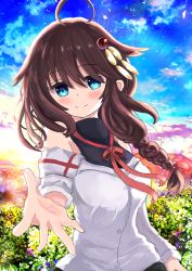 Rule 34 | 1girl, absurdres, ahoge, black shirt, blouse, blue eyes, blue sky, blush, braid, breasts, brown hair, bush, day, faster crisis, hair between eyes, hair flaps, highres, horizon, kantai collection, layered shirt, long hair, long sleeves, looking at viewer, medium breasts, official alternate costume, outstretched hand, red ribbon, ribbon, shigure (kancolle), shigure kai ni (kancolle), shirt, single braid, sky, smile, solo, white shirt