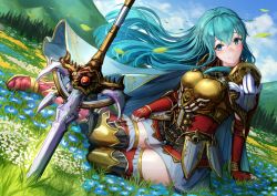 Rule 34 | 1girl, aqua hair, armor, armored boots, blue eyes, blush, boots, breastplate, cloud, day, earrings, eirika (fire emblem), elbow gloves, falling leaves, fingerless gloves, fire emblem, fire emblem: the sacred stones, fire emblem heroes, gloves, grass, ippers, jewelry, leaf, long hair, looking at viewer, mountainous horizon, nintendo, official alternate costume, outdoors, planted, planted sword, planted weapon, red footwear, red gloves, seiza, sitting, skirt, sky, smile, solo, sword, weapon, white skirt, wind, yokozuwari