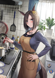Rule 34 | 1girl, air groove (umamusume), animal ears, apron, blue eyes, blue shirt, blush, bob cut, bow, brown hair, collarbone, commentary request, cooking, cooking pot, cowboy shot, flower pot, from side, frown, hair over one eye, hand on own hip, highres, holding, holding ladle, horse ears, horse tail, inverted bob, jewelry, kitchen, kuguri oimo, ladle, looking at viewer, necklace, pants, shirt, short hair, solo, standing, sweatdrop, tail, umamusume, yellow bow
