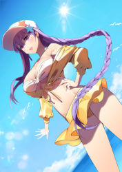 Rule 34 | 1girl, bb (fate), bb (fate) (all), bb (swimsuit mooncancer) (fate), bb (swimsuit mooncancer) (first ascension) (fate), blue sky, braid, breasts, cleavage, cloud, day, fate (series), hand on own hip, hat, ice (ice aptx), large breasts, long hair, looking at viewer, navel, ocean, outdoors, purple eyes, purple hair, single braid, sky, solo, star (symbol), sun, swimsuit, white hat