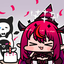 Rule 34 | &gt; &lt;, 1girl, :d, birthday cake, bloom (irys), blush, breasts, cake, cleavage, food, gloom (irys), halo, hat, hololive, hololive english, horns, irys (hololive), jazz jack, large breasts, long hair, lowres, multicolored hair, open mouth, party hat, pointy ears, purple hair, red hair, smile, solo, streaked hair, virtual youtuber, xd
