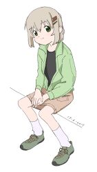 Rule 34 | 1girl, black shirt, brown hair, brown skirt, closed mouth, commentary request, dated, full body, green eyes, green footwear, green jacket, grey socks, hair ornament, hairclip, hands on lap, head tilt, highres, invisible chair, jacket, kneehighs, light blush, looking at viewer, loose socks, open clothes, open jacket, piezo, shirt, shoes, short hair, simple background, sitting, skirt, smle, socks, solo, yama no susume, yukimura aoi