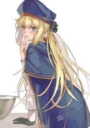 Rule 34 | 1girl, absurdres, artoria caster (fate), artoria caster (second ascension) (fate), artoria pendragon (fate), black bow, black gloves, blonde hair, blue cape, blue hat, blush, bow, cape, commentary request, dress, eiki (eikityou 55), fate/grand order, fate (series), food, food on face, gloves, green eyes, hair between eyes, hair bow, hat, highres, long hair, long sleeves, looking at viewer, signature, solo, tongue, tongue out, twintails, white background, white dress