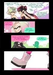 Rule 34 | + +, 4girls, black gloves, black hair, black jacket, boots, brown eyes, callie (splatoon), closed mouth, comic, cousins, detached collar, earrings, english text, fang, fangs, fingerless gloves, food, food on head, gloves, gomipomi, grey hair, highres, inkling, jacket, jewelry, long hair, long sleeves, looking at another, marie (splatoon), marina (splatoon), mole, mole under mouth, multiple girls, nintendo, object on head, octoling, open mouth, parted lips, pearl (splatoon), pointy ears, raised eyebrow, short hair, smile, splatoon (series), splatoon 2, strapless, sushi, tentacle hair, white footwear, white hair