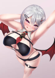 Rule 34 | 1girl, :p, absurdres, aoi hinamori, arm up, blush, breasts, cross, from above, grey hair, hair ornament, highleg, highleg panties, highres, indie virtual youtuber, john zerowb, large breasts, latin cross, looking at viewer, low wings, panties, pointy ears, purple eyes, short hair, shorts, simple background, solo, thigh strap, tongue, tongue out, underwear, virtual youtuber, wings