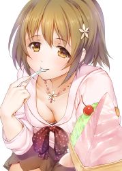 Rule 34 | 10s, 1girl, bad id, bad pixiv id, bow, bra slip, breasts, brown hair, brown shorts, cherry, cleavage, collarbone, downblouse, eating, flower, food, from above, fruit, hair flower, hair ornament, holding, holding food, holding spoon, idolmaster, idolmaster cinderella girls, jewelry, looking at viewer, medium breasts, mimura kanako, necklace, polka dot, polka dot bow, reaching, short hair, shorts, simple background, solo, spoon, sweets, takahata yuki, upper body, white background, yellow eyes