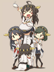 Rule 34 | 10s, 1boy, 4girls, admiral (kancolle), black hair, brown hair, carrying, detached sleeves, glasses, hairband, haruna (kancolle), hat, hiei (kancolle), implied fellatio, japanese clothes, kantai collection, kirishima (kancolle), kongou (kancolle), long hair, miko, military, military uniform, multiple girls, pantyhose, personification, plaid, puton, sexually suggestive, short hair, shoulder carry, thighhighs, uniform