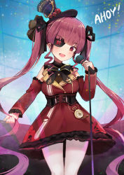 Rule 34 | 1girl, :d, bare shoulders, black hat, black ribbon, breasts, catchphrase, cleavage, detached sleeves, dress, eyepatch, flower, frilled sleeves, frills, hair ribbon, hat, hat flower, highres, holding, holding microphone, hololive, houshou marine, houshou marine (gothic lolita), kobi (piliheros2000), long hair, long sleeves, looking at viewer, medium breasts, microphone, microphone stand, open mouth, pantyhose, red dress, red eyes, red flower, red hair, red rose, red sleeves, ribbon, rose, see-through, see-through cleavage, sleeveless, sleeveless dress, sleeves past wrists, smile, solo, tilted headwear, twintails, very long hair, virtual youtuber, white pantyhose