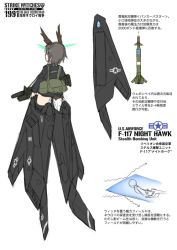Rule 34 | 1girl, aerial bomb, animal ears, assault rifle, attack aircraft, bad id, bad pixiv id, black hair, dakku (ogitsune), f-117, f-117 nighthawk, full body, general-purpose bomb, grenade launcher, guided bomb, gun, head wings, hirschgeweih antennas, m4 carbine, military, military uniform, paveway, precision-guided munition, red eyes, rifle, stealth, stealth aircraft, stealth attack aircraft, strike witches, strike witches 1991, striker unit, tail, translation request, uniform, weapon, wings, world witches series