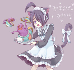 Rule 34 | 1boy, ahoge, allister (pokemon), alternate costume, ame katsuo, animal ears, apron, black hair, blurry, blush, bright pupils, buttons, commentary request, creatures (company), crossdressing, dress, enmaided, frills, game freak, gen 8 pokemon, heart, holding, holding tray, long sleeves, maid, maid headdress, male focus, mole, mole under mouth, nintendo, open mouth, pokemon, pokemon (creature), pokemon swsh, polteageist, purple eyes, raised eyebrows, short hair, sinistea, tail, teeth, tongue, translation request, tray, upper teeth only, white apron