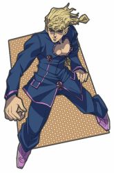 Rule 34 | 1boy, blonde hair, braid, clenched hand, foreshortening, giorno giovanna, jojo no kimyou na bouken, long sleeves, male focus, military, military uniform, pants, pectoral cleavage, pectorals, simple background, solo, standing, twistxx, uniform, vento aureo, white background