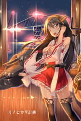 Rule 34 | 10s, 1girl, adjusting hair, black hair, black thighhighs, brown eyes, dazzle paint, detached sleeves, haruna (kancolle), headgear, highres, kantai collection, karasu10gu, long hair, machinery, night, nontraditional miko, open mouth, skirt, smile, solo, thighhighs
