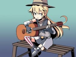 Rule 34 | 10s, 1girl, aged down, alternate breast size, belt, bench, blonde hair, blue eyes, crossed legs, elbow gloves, fingerless gloves, flat chest, gloves, guitar, hat, instrument, iowa (kancolle), kantai collection, music, playing instrument, sitting, sixten, solo, star-shaped pupils, star (symbol), striped clothes, striped thighhighs, symbol-shaped pupils, thighhighs