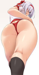 Rule 34 | 1girl, ass, ass focus, black socks, blue eyes, blush, breasts, buruma, commentary request, from behind, from below, gluteal fold, grey hair, gym uniform, hair ornament, hair over one eye, hairclip, hamakaze (kancolle), headband, highres, kantai collection, kneehighs, kneepits, looking at viewer, open mouth, shirt, short hair, short sleeves, simple background, socks, solo, sweat, thick thighs, thighs, white background, yoshi tama