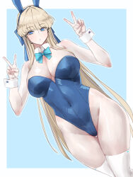 Rule 34 | 1girl, animal ears, bare shoulders, blonde hair, blue archive, blue bow, blue eyes, blue hairband, blue leotard, bow, bowtie, braid, breasts, cleavage, detached collar, double v, earpiece, fake animal ears, french braid, hairband, halo, hands up, hayama kazusa, highleg, highleg leotard, highres, leotard, long hair, medium breasts, microphone, official alternate costume, official alternate hairstyle, playboy bunny, rabbit ears, rabbit tail, solo, standing, standing on one leg, tail, thighhighs, thighs, toki (blue archive), toki (bunny) (blue archive), v, very long hair, white thighhighs, wrist cuffs