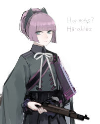Rule 34 | 1girl, blue eyes, blunt bangs, blunt ends, carcano m91/38 (girls&#039; frontline), cropped jacket, girls&#039; frontline, green jacket, gun, hair bun, holding, holding weapon, jacket, long sleeves, looking at viewer, parted lips, purple hair, rampart1028, ribbon, rifle, short hair, simple background, single hair bun, solo, weapon, white background, white neckwear