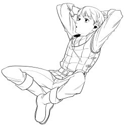 Rule 34 | 1boy, arms behind head, arms up, boots, chilchuck tims, dungeon meshi, full body, highres, invisible chair, lineart, looking at viewer, male focus, neck warmer, nemnem 11199, open mouth, pants, short hair, simple background, sitting, solo, spread legs, very short hair, vest, white background