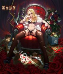Rule 34 | 1girl, armchair, black burning kira, blonde hair, blood, blood stain, book, bra, bracelet, breasts, card, cartridge, chair, coin, curtains, dragunov svd, fishnets, flower, flower pot, full body, fur, garter straps, gun, hand on own cheek, hand on own face, handgun, head tilt, high heels, highres, jewelry, knife, long hair, looking at viewer, navel, neck ring, original, panties, parted lips, petals, playing card, red flower, red rose, revolver, rifle, ring, rose, rose petals, schofield revolver, shoes, sitting, sniper rifle, solo, spread legs, thighhighs, torn clothes, torn thighhighs, underwear, weapon, zipper