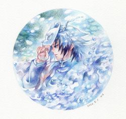 Rule 34 | 1boy, blue eyes, blue hair, blue theme, dated, demon slayer uniform, fox mask, from side, hand up, haori, highres, japanese clothes, kimetsu no yaiba, long hair, long sleeves, looking away, male focus, mask, mask on head, painting (medium), partially submerged, profile, round image, solo, tomioka giyuu, traditional media, tsuyu (hitotose), upper body, water, watercolor (medium)