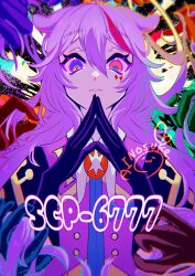 Rule 34 | 1girl, ainosuke 031, animal ears, english text, halo, highres, long hair, looking at viewer, multicolored eyes, multicolored hair, own hands together, purple hair, red hair, scp-6777, scp foundation, signature