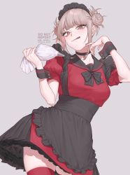 Rule 34 | 1girl, alternate costume, apron, bags under eyes, black apron, black bow, black neckwear, blonde hair, boku no hero academia, bow, choker, cream, double bun, grey background, hair bun, highres, licking lips, looking at viewer, looking down, maid, maid cafe, mizuki mau, red shirt, red skirt, red thighhighs, shirt, simple background, skirt, thighhighs, toga himiko, tongue, tongue out, yellow eyes