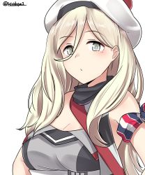 Rule 34 | 1girl, absurdres, armband, bare shoulders, blonde hair, blush, breasts, character request, cleavage, closed mouth, grey eyes, hair between eyes, hat, highres, kantai collection, kiritto, large breasts, long hair, looking at viewer, pom pom (clothes), richelieu (kancolle), simple background, solo, twitter username, upper body, white background, white hat
