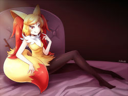 Rule 34 | 10s, 1girl, :d, aiakasa-sakura, animal ear fluff, animal ears, artist name, bed, bed sheet, black pantyhose, blonde hair, braixen, creatures (company), eyebrows, facial mark, forehead mark, game freak, gen 6 pokemon, looking at viewer, multicolored hair, nintendo, on bed, open mouth, pantyhose, personification, pointing, pointing at self, pokemon, pokemon xy, red eyes, seductive smile, sitting, smile, solo, stick, tail, two-tone hair